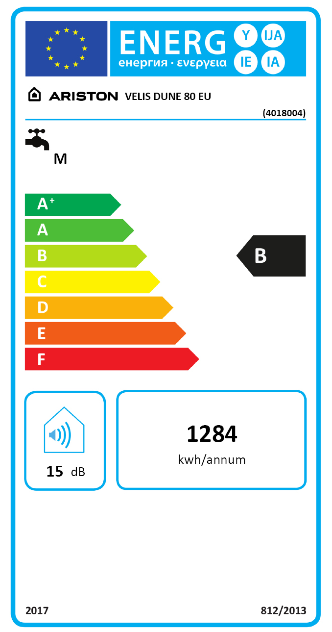 Energiahatékonysági címke vízmelegítőhöz. Energiaosztályt, csapot és egyéb részleteket mutat.