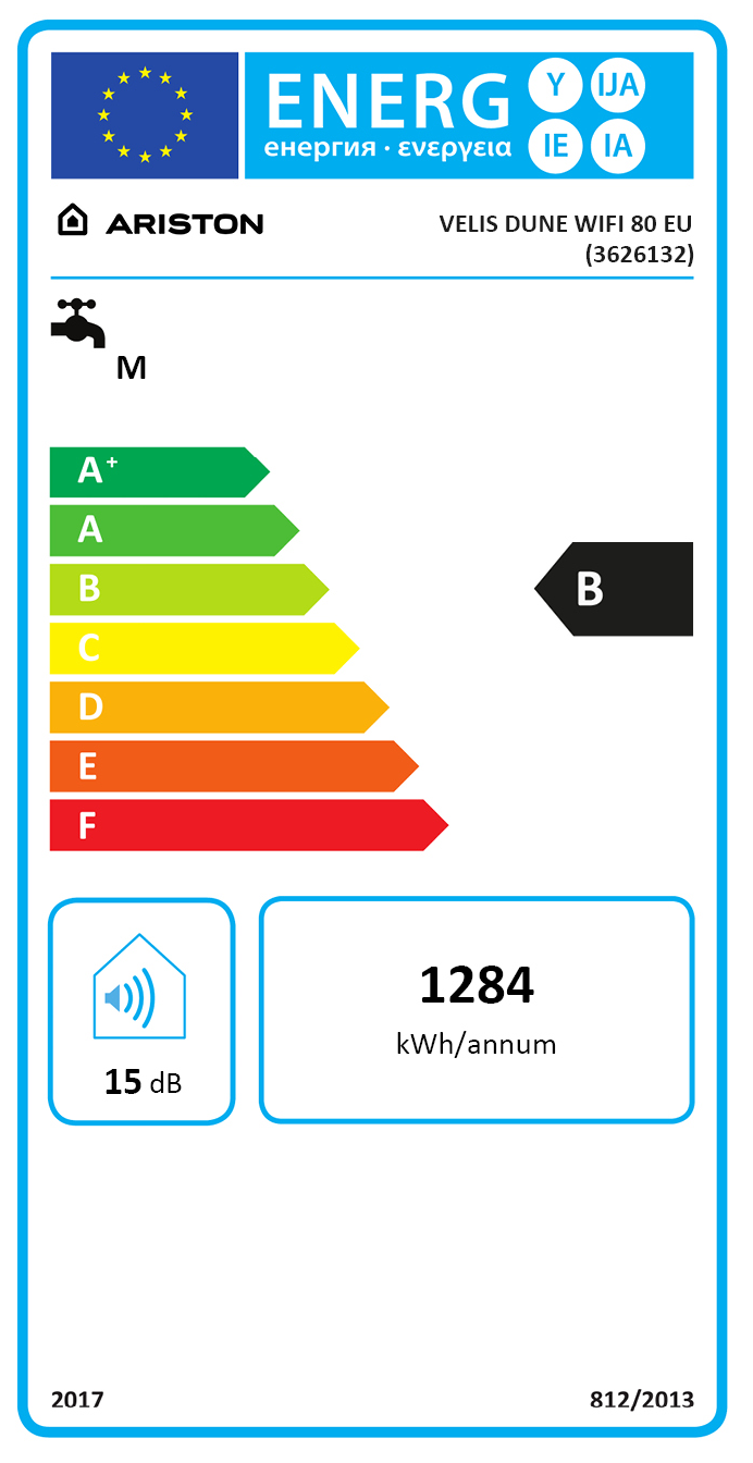 Energia címke egy vízmelegítőhöz, B energiahatékonysági besorolással.