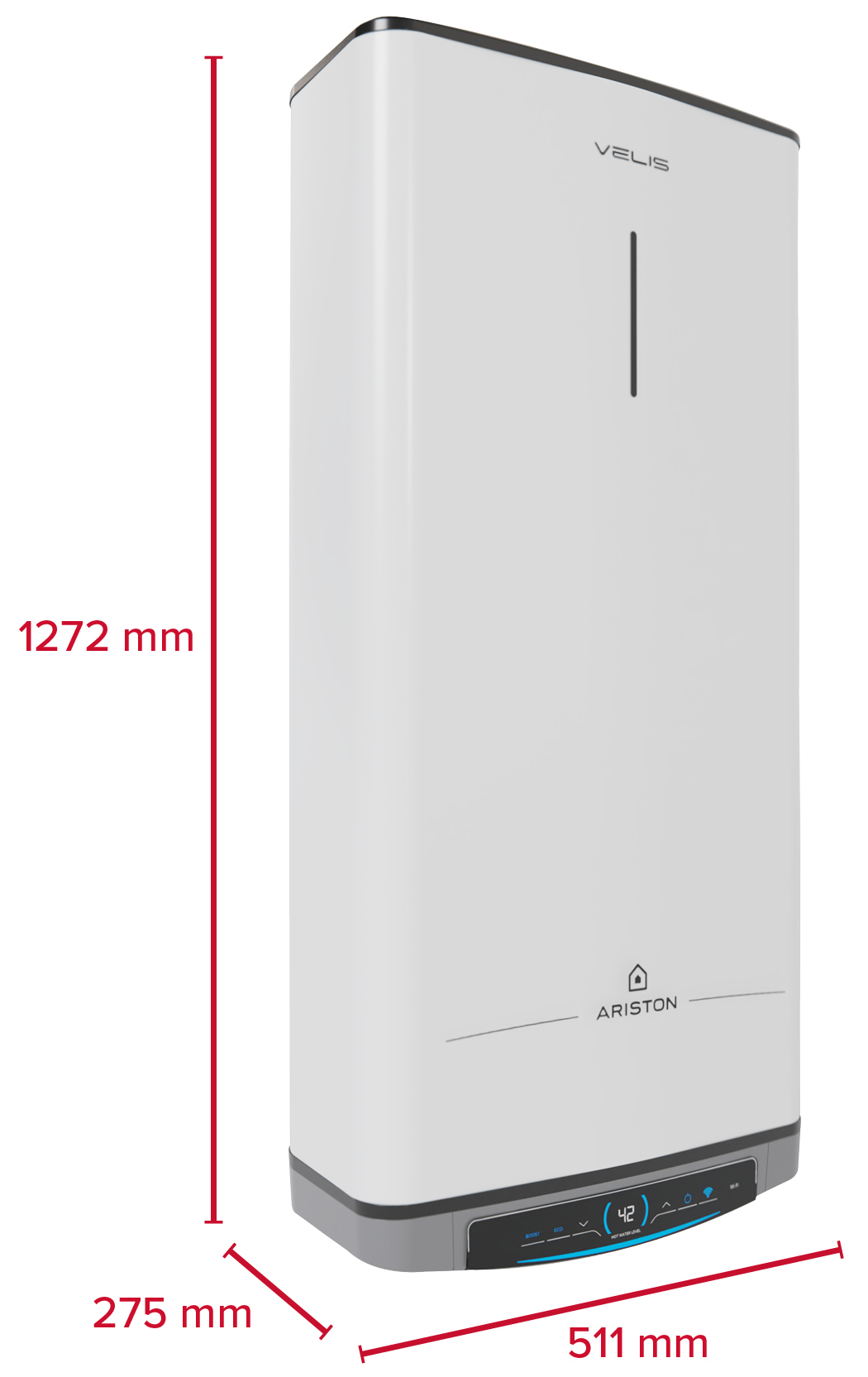 Fehér Ariston vízmelegítő. Méretek: 1272 mm magas, 511 mm széles, 275 mm mély. Szürke alap.