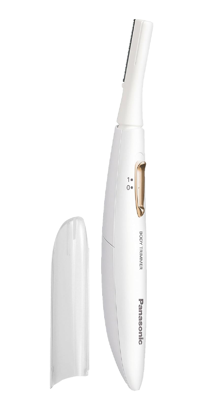 Tondeuse corporelle blanche sans capuchon. La tondeuse a des réglages de puissance et le logo Panasonic.