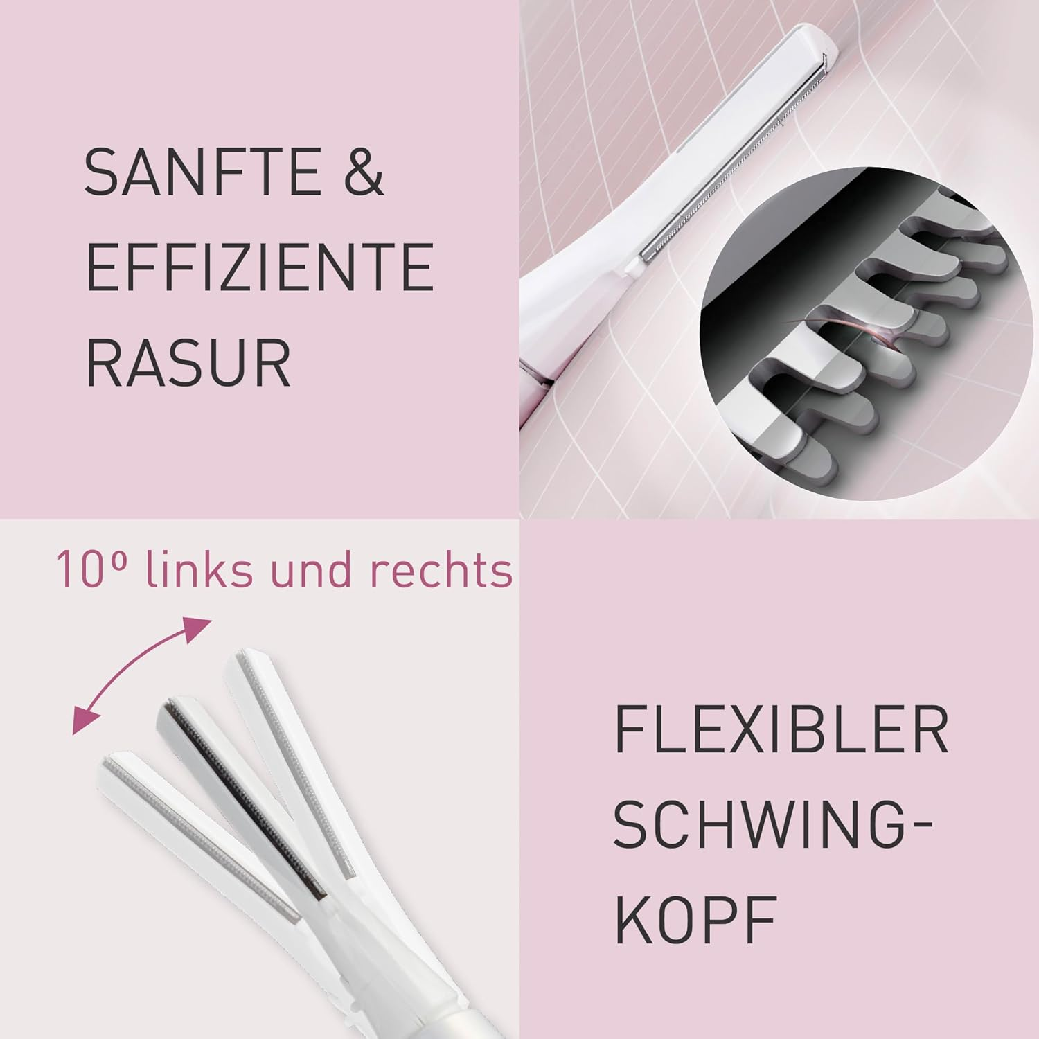 Gros plan d'un rasoir blanc avec texte allemand, tête flexible.