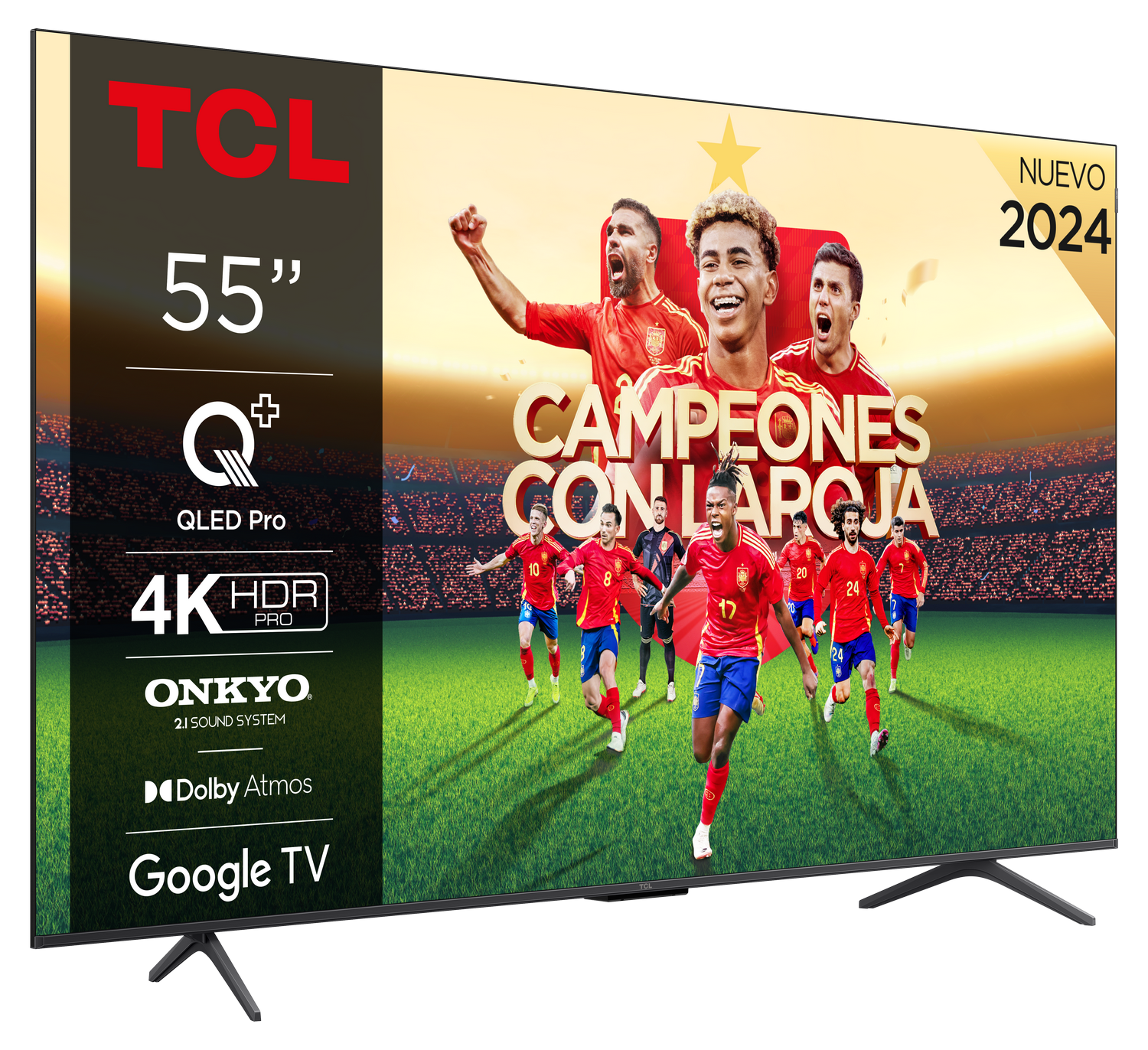 Un televisor TCL de 55" muestra un partido de fútbol con la selección española. Características: QLED Pro, 4K HDR y Google TV.