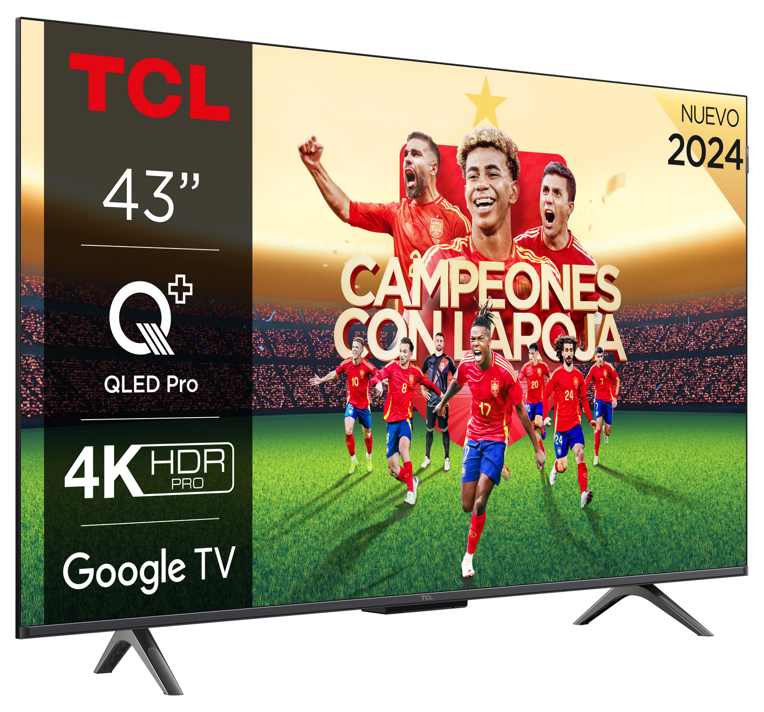 Un TV TCL 43" QLED Pro mostrando un partido de fútbol con la palabra CAMPEONES.