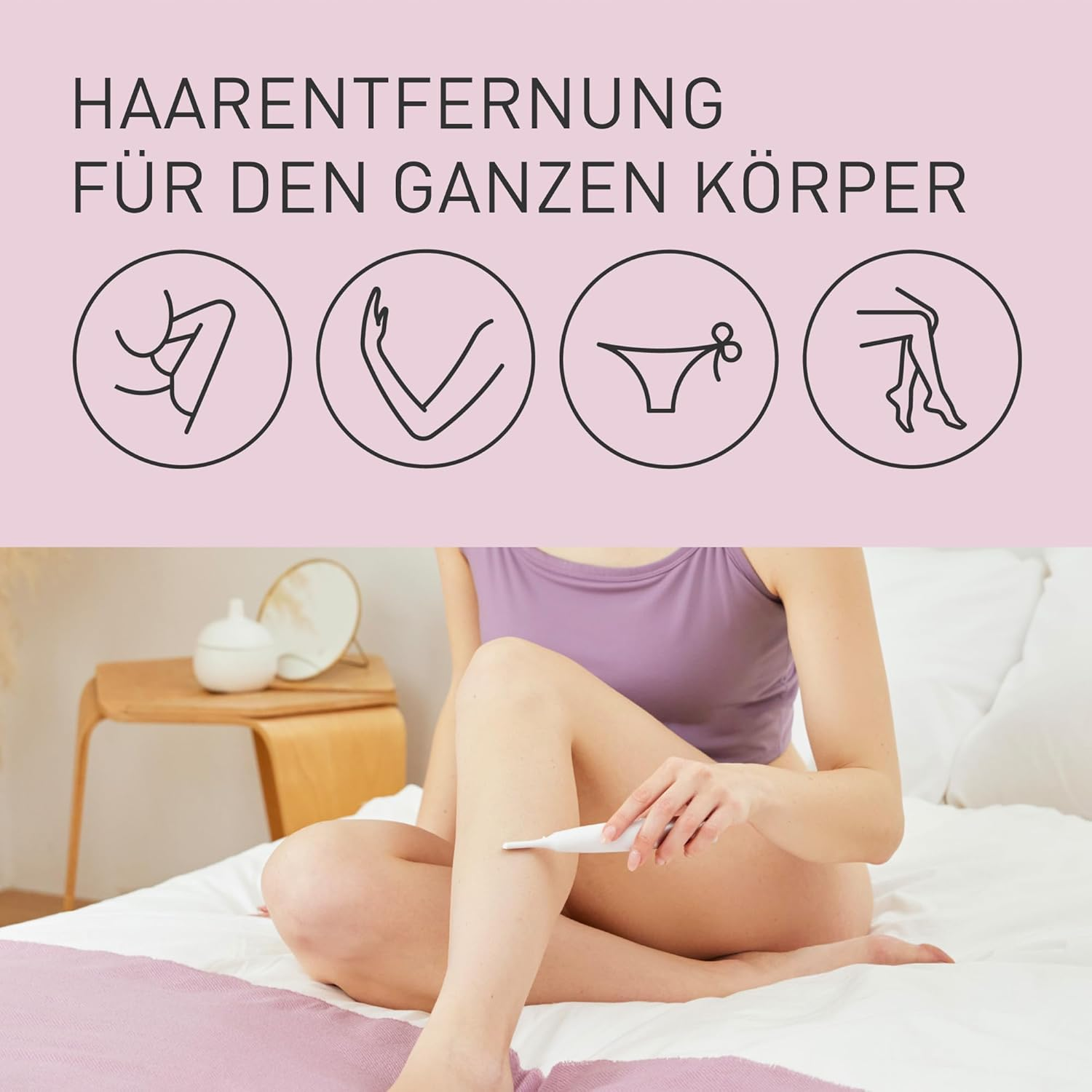 Frau auf dem Bett, die einen Epilierer benutzt. Grafiken von Körperteilen sind über ihr.