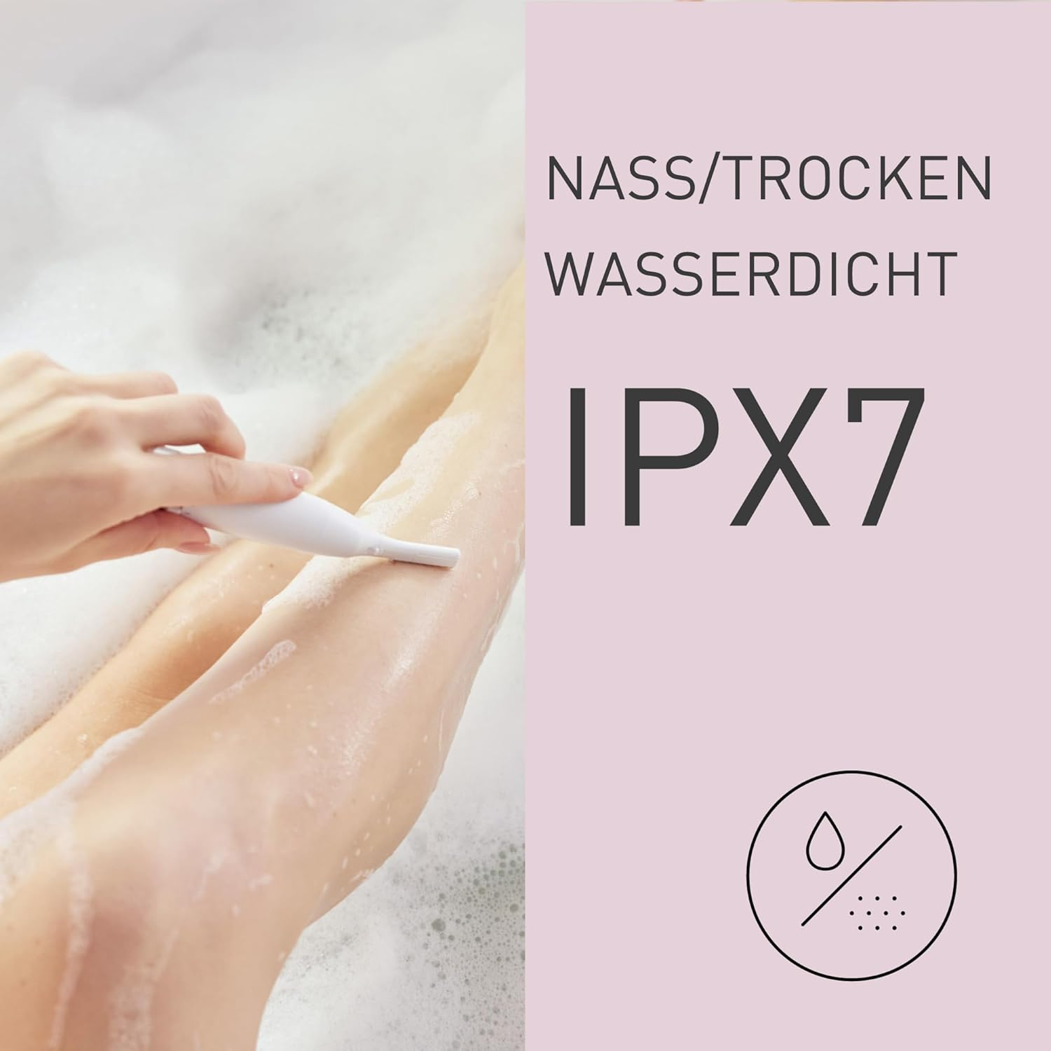 Beine in Seifenwasser mit Text über wasserdicht und IPX7-Bewertung.