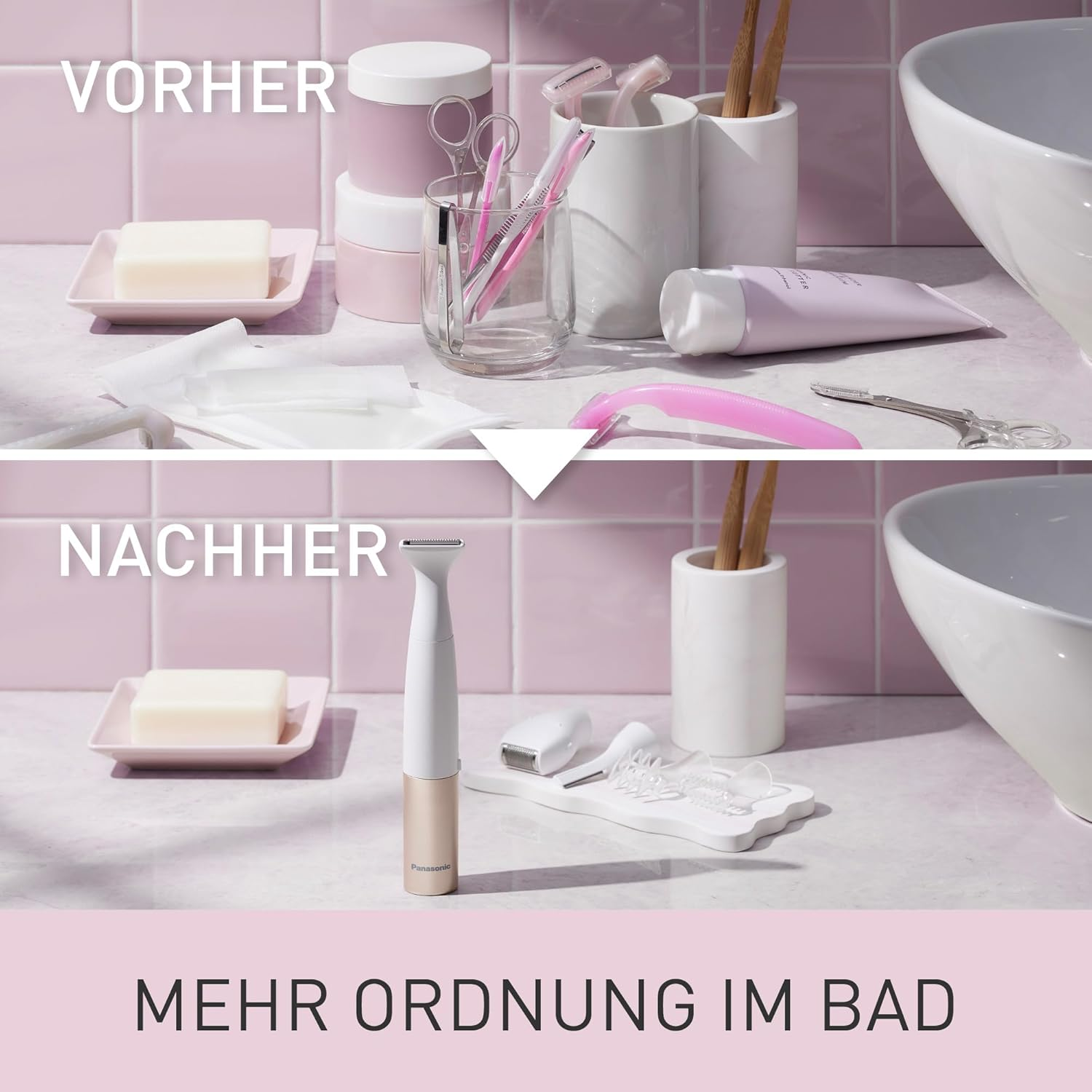 Geteiltes Bild: ein unordentliches Badezimmer (oben) vs. ein aufgeräumtes (unten), Text auf Deutsch.