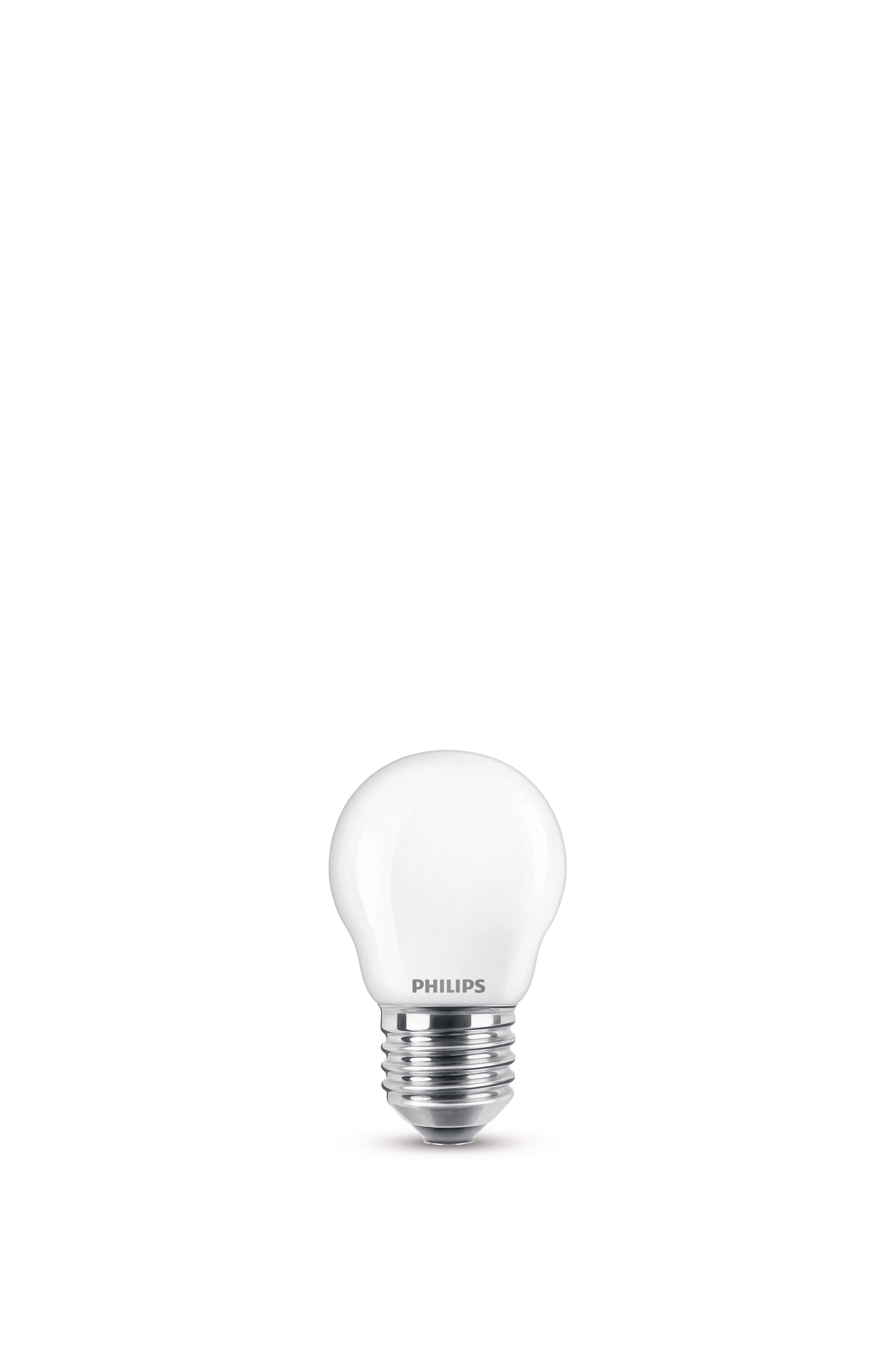 Eine weiße Philips LED-Glühbirne vor weißem Hintergrund.