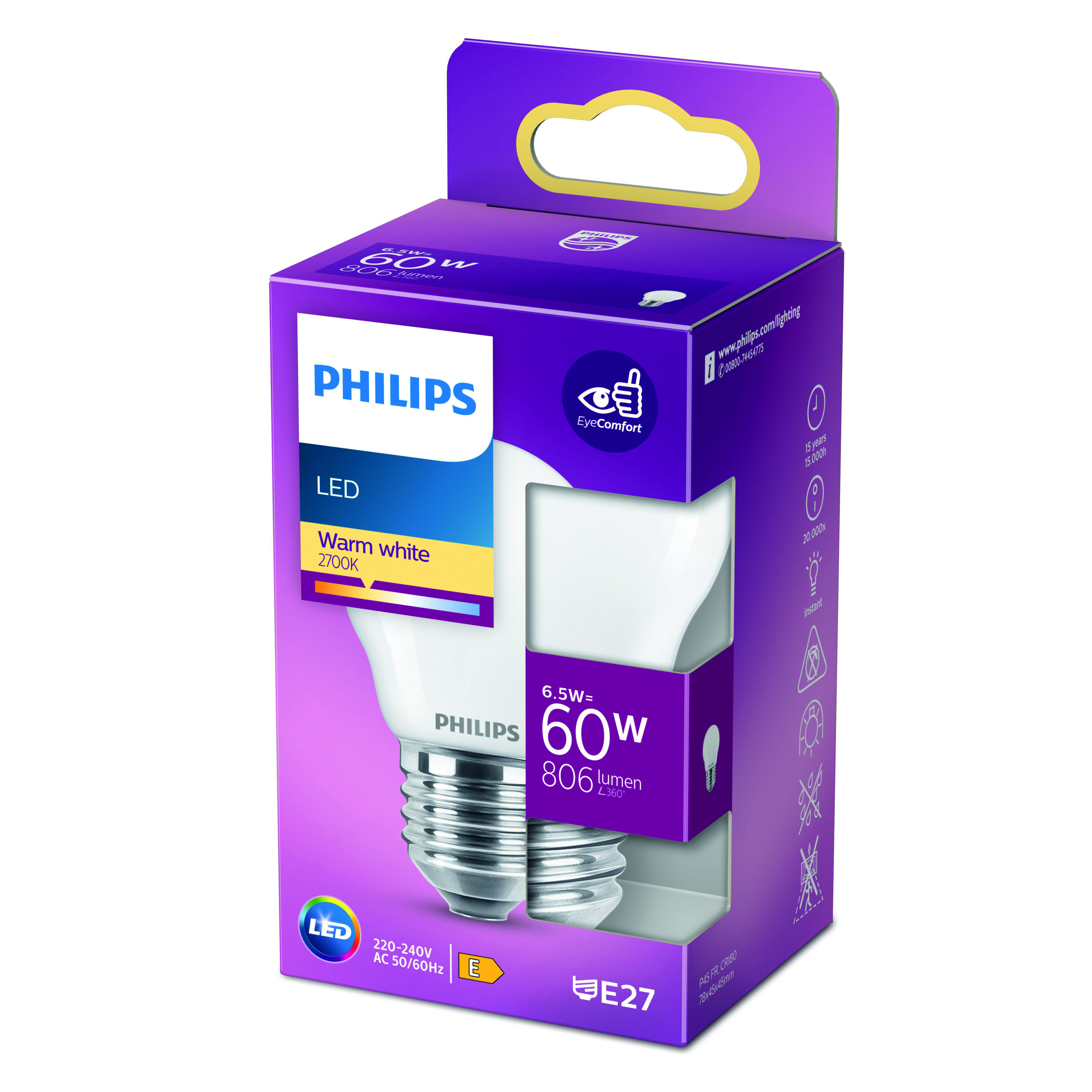 Philips LED-Glühbirne in einer Schachtel, mit warmweißer Farbe und Informationen zur Energieeffizienz.