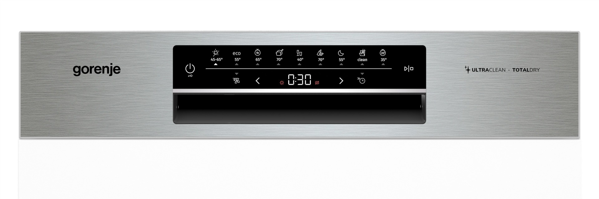 Silbernes Bedienfeld mit schwarzem Digitaldisplay und verschiedenen Symbolen.