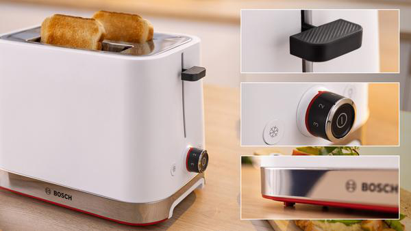 Ein weißer Toaster mit Brot. Nahaufnahmen zeigen Einstellungen, Bedienelemente und das Bosch-Logo.