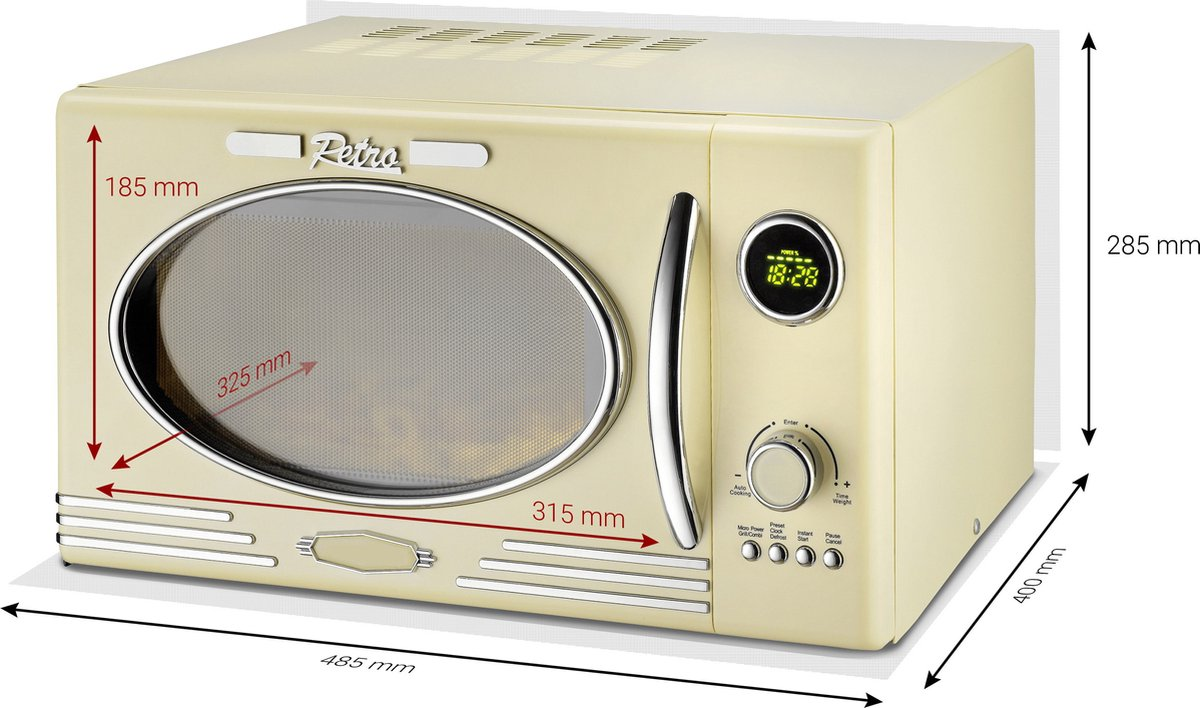 Retro mikrohullámú sütő, méretekkel, milliméterben.