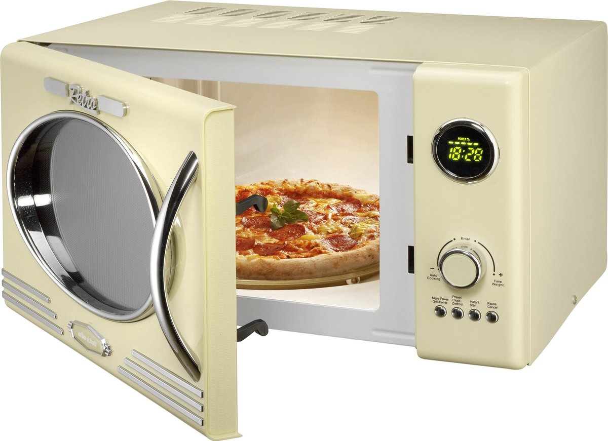 Retro stílusú mikrohullámú sütő pizzával, nyitott ajtóval, digitális kijelzővel, amely az időt mutatja.