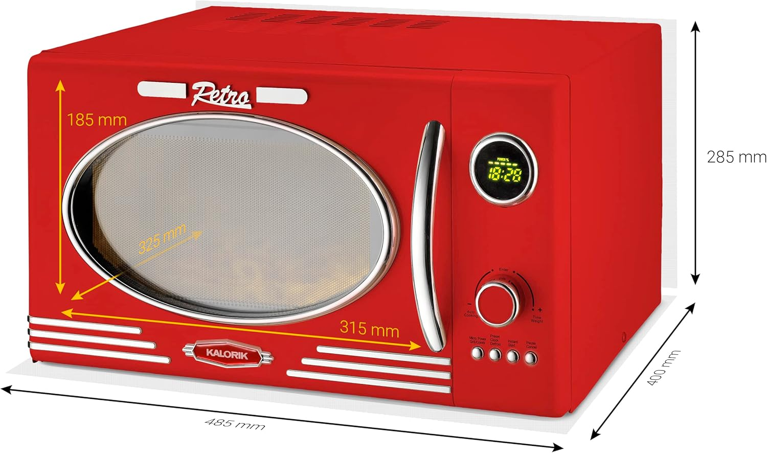 Piros retro mikrohullámú sütő, méretekkel, fehér háttér előtt.