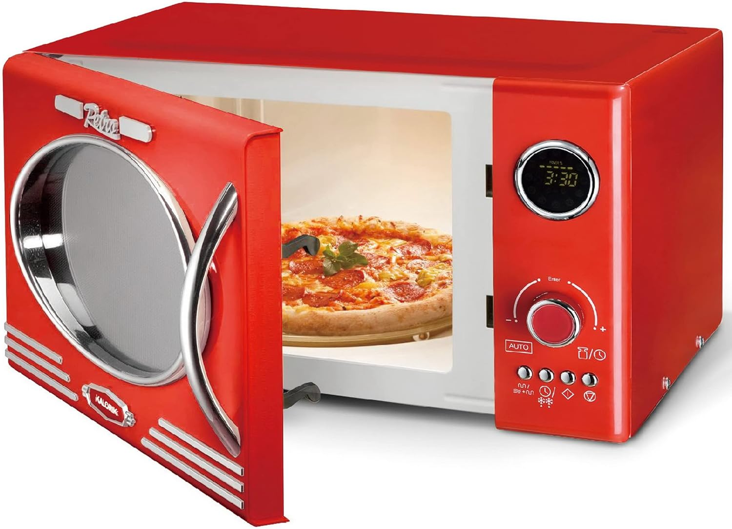 Egy piros retró mikrohullámú sütő nyitott ajtóval, benne egy pizzával. Egy órát mutat.