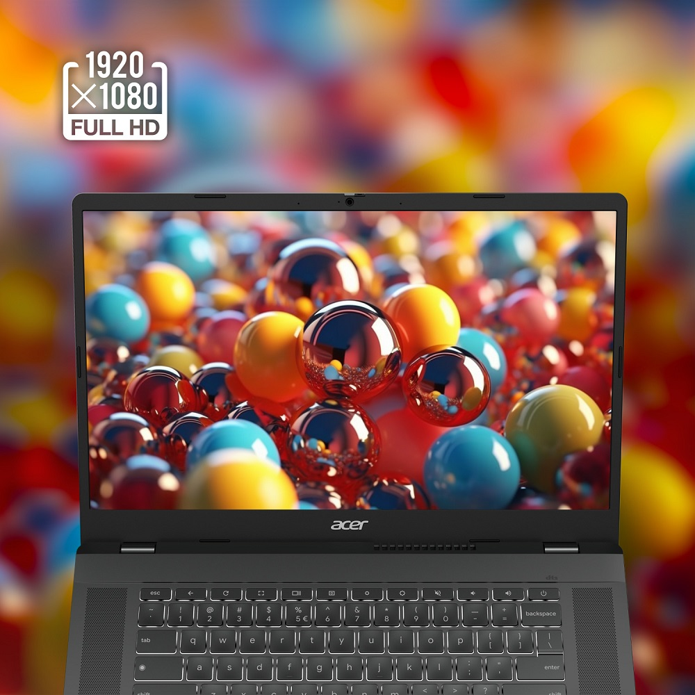 Laptop wyświetla kolorowe tło z kulami. Ekran pokazuje '1920 x 1080 FULL HD'.