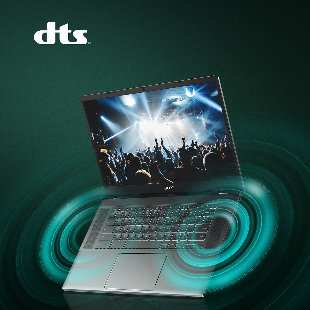 Laptop z ekranem pokazującym koncert. Logo DTS w lewym górnym rogu. Zielone tło z efektem fali dźwiękowej.