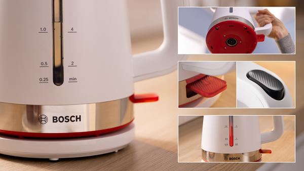 Weiß-roter Wasserkocher. Nahaufnahmen zeigen Details von Boden, Griff und Wasserstandsanzeige.