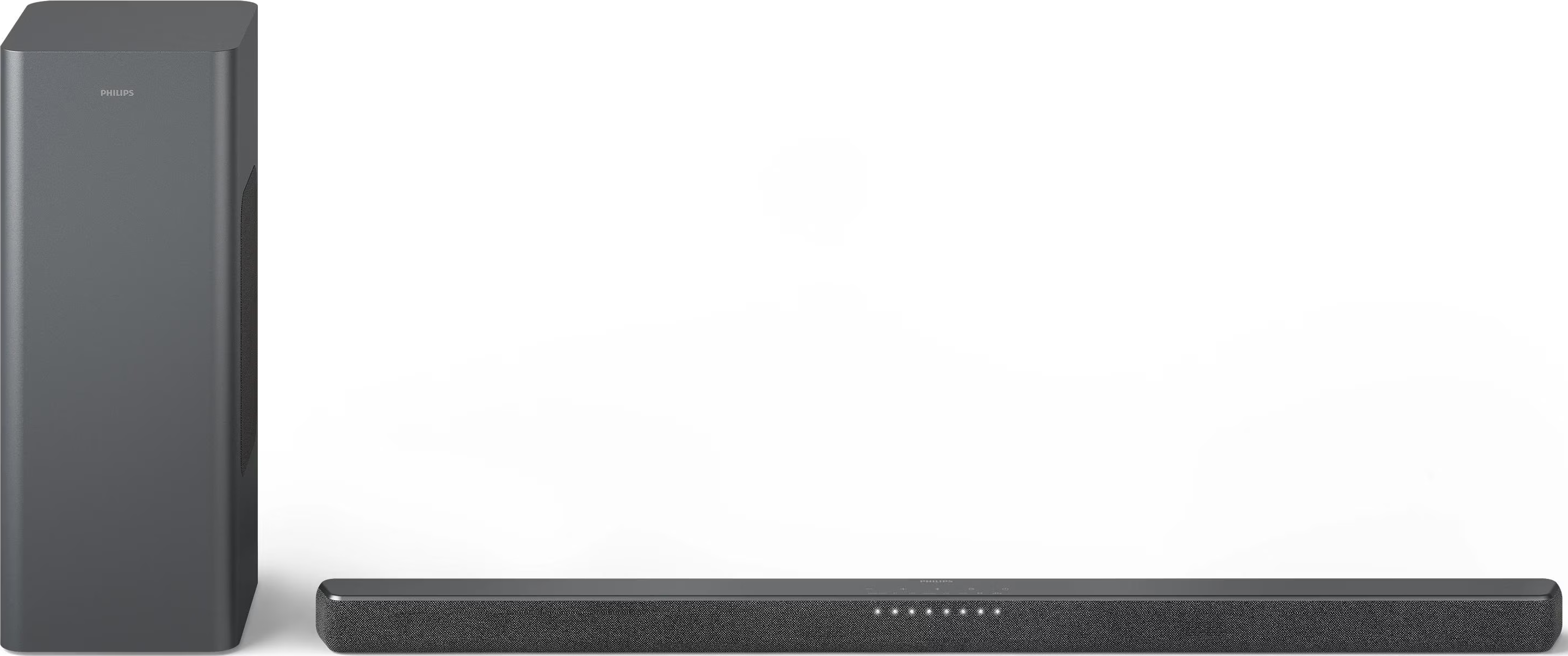 Un sistema soundbar e subwoofer, entrambi grigio scuro.
