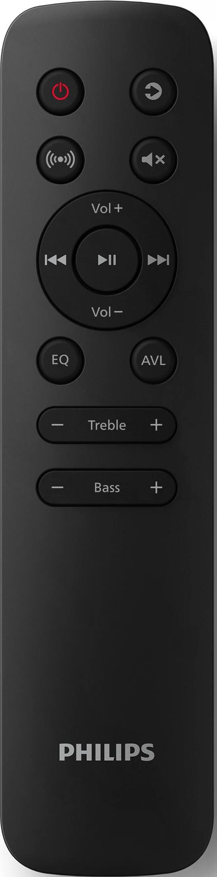 Telecomando nero con vari pulsanti, inclusi accensione, volume e riproduzione/pausa.