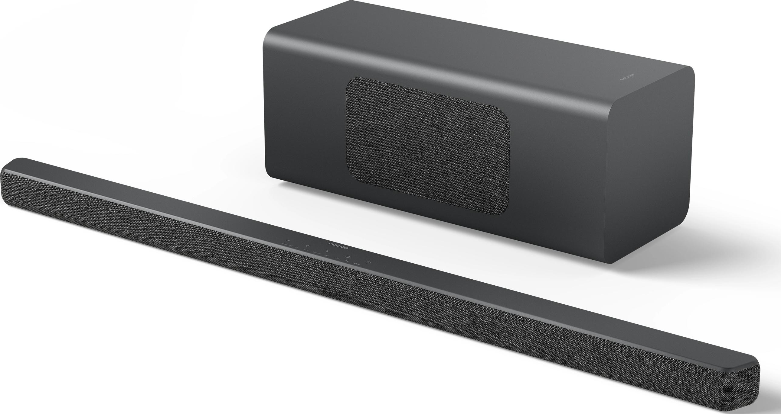 Una soundbar e un subwoofer grigio scuro su sfondo bianco. La soundbar è lunga e sottile.