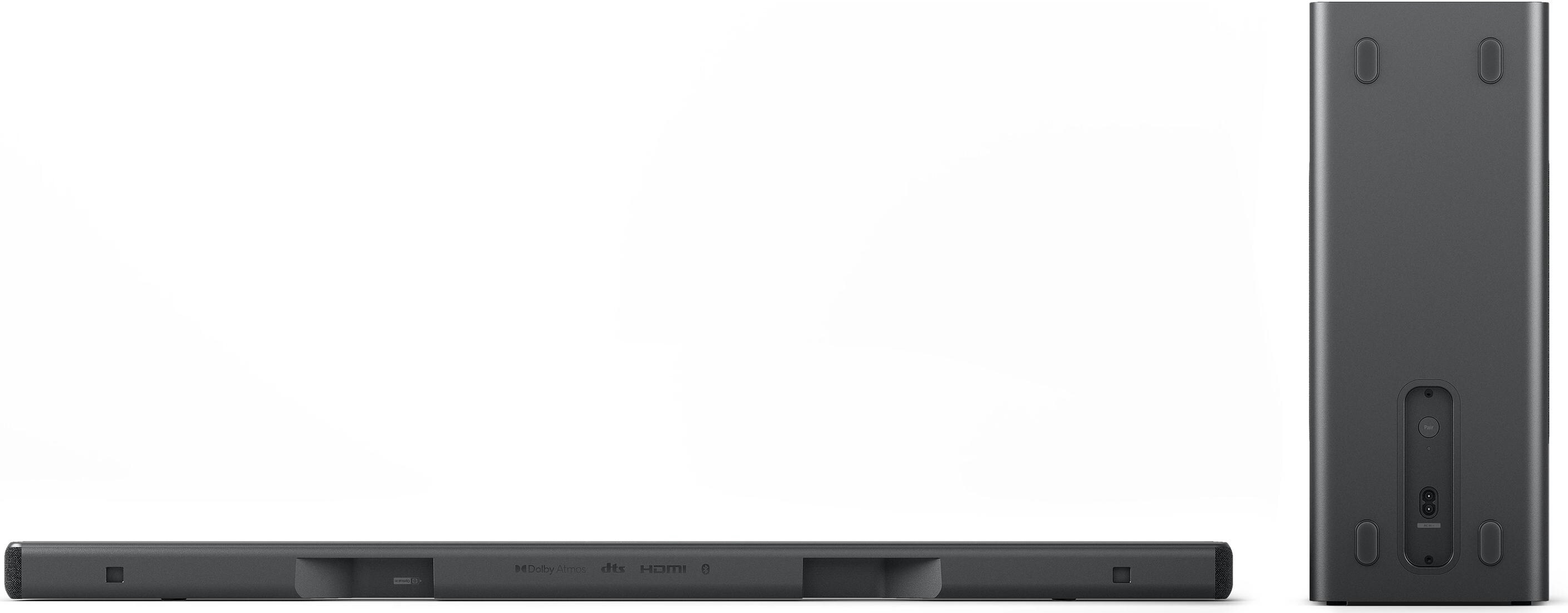 Soundbar e subwoofer neri. Vista laterale e superiore. Sfondo bianco.