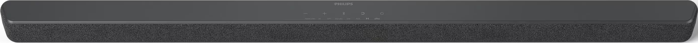 Soundbar lunga, grigio scuro, con parte anteriore in tessuto e indicatori di controllo.