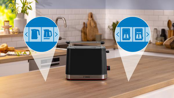 Toaster auf einer Arbeitsplatte, mit Diagrammen, die Icons eines Wasserkochers, einer Kaffeemaschine zeigen.