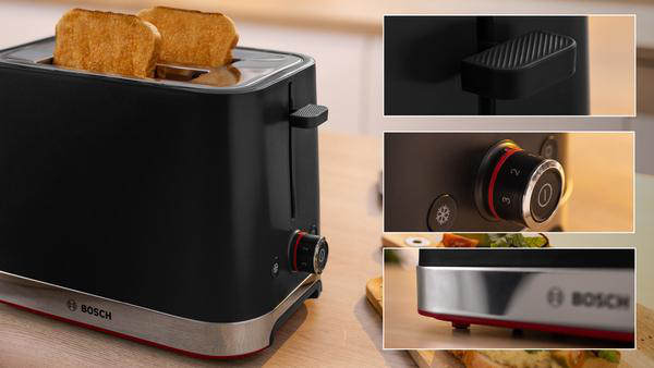 Ein schwarzer und silberner Toaster mit zwei Toastscheiben, mit Detailbildern.