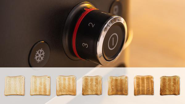 Schwarzer Toaster-Drehknopf mit Einstellungen von 1 bis 3 und Toastbeispiele.