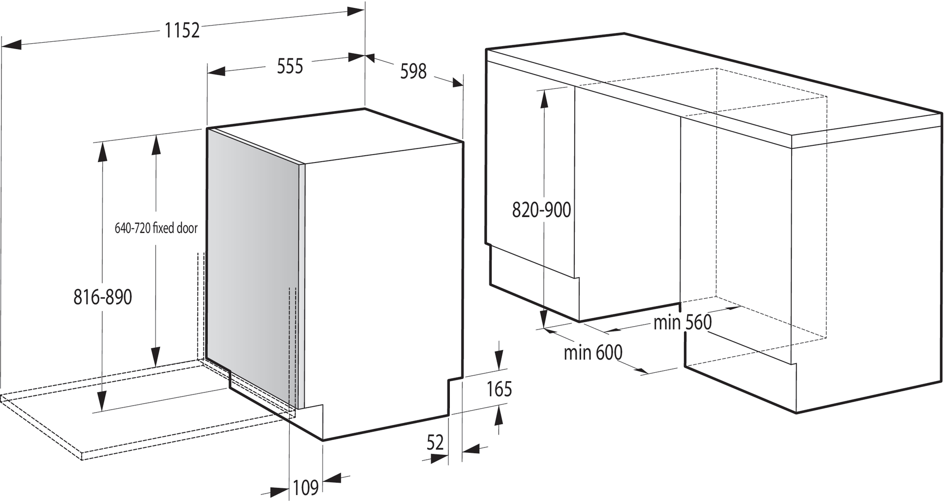 Diagramm eines Geschirrspülers mit Maßen und Beschriftungen. Gestrichelte Linien zeigen das Innere.