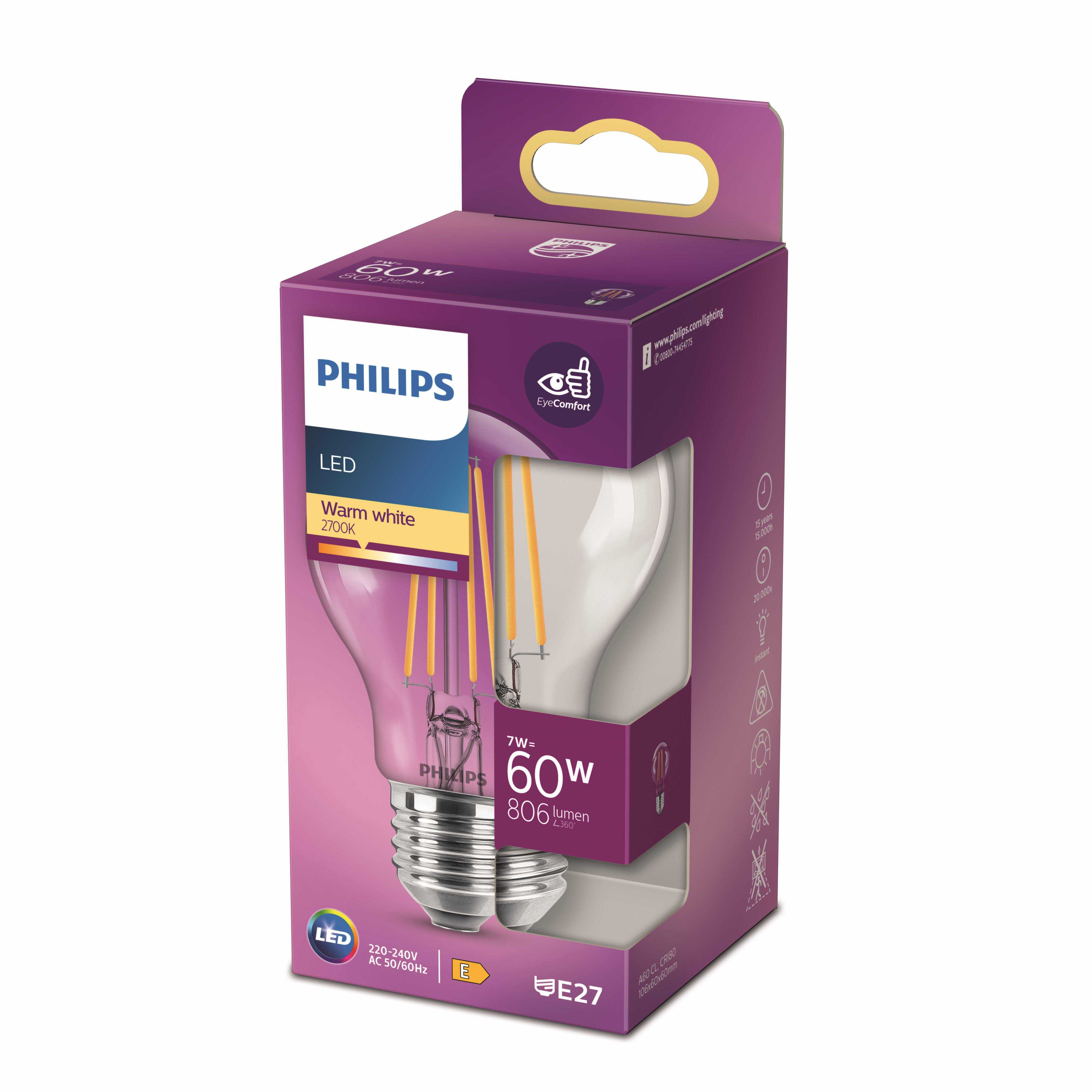 Philips LED-Glühbirnenverpackung. Lila Box mit Glühbirnenbild, Details und Branding.