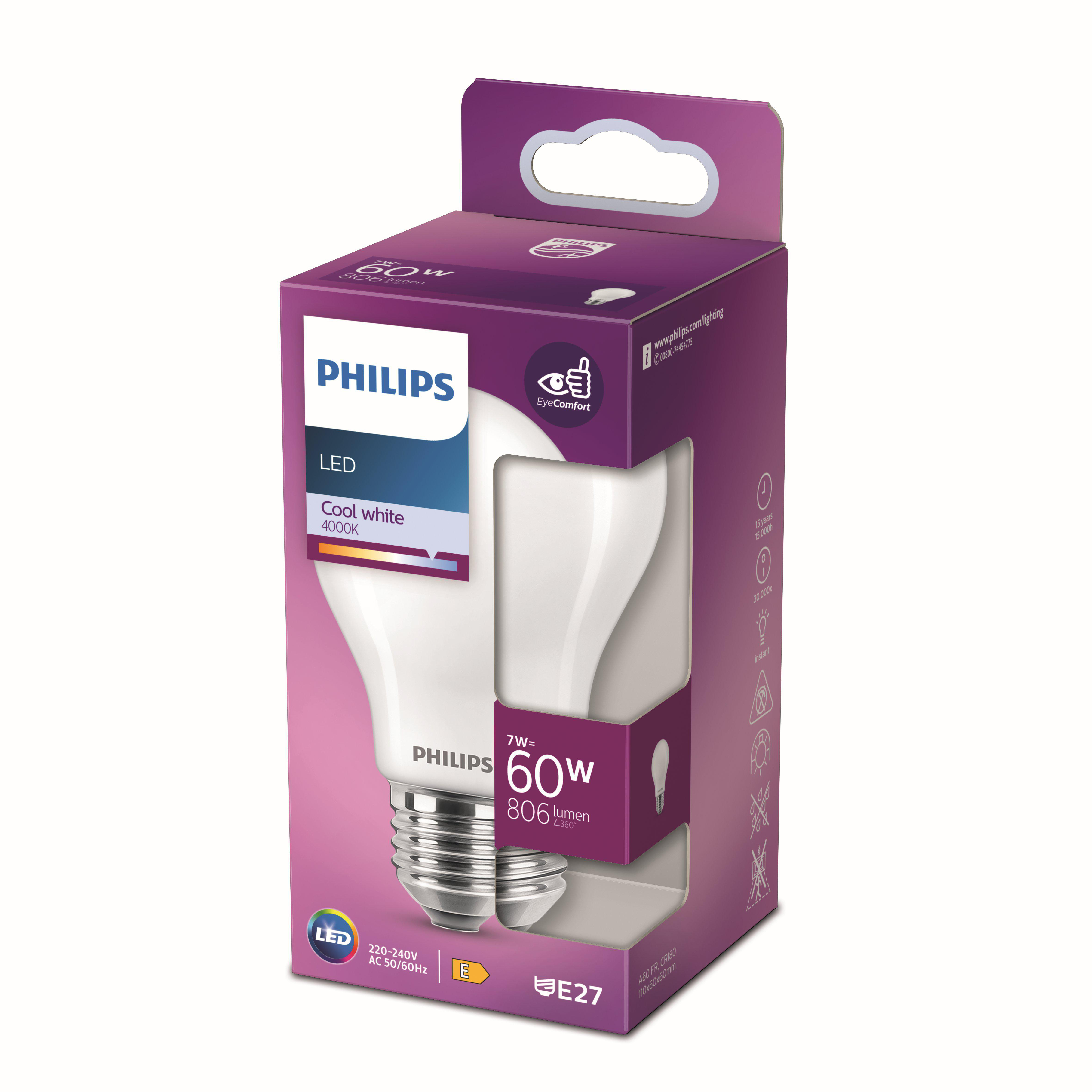 Philips LED-Glühbirne in ihrer Verpackung, mit Details zu den Spezifikationen.