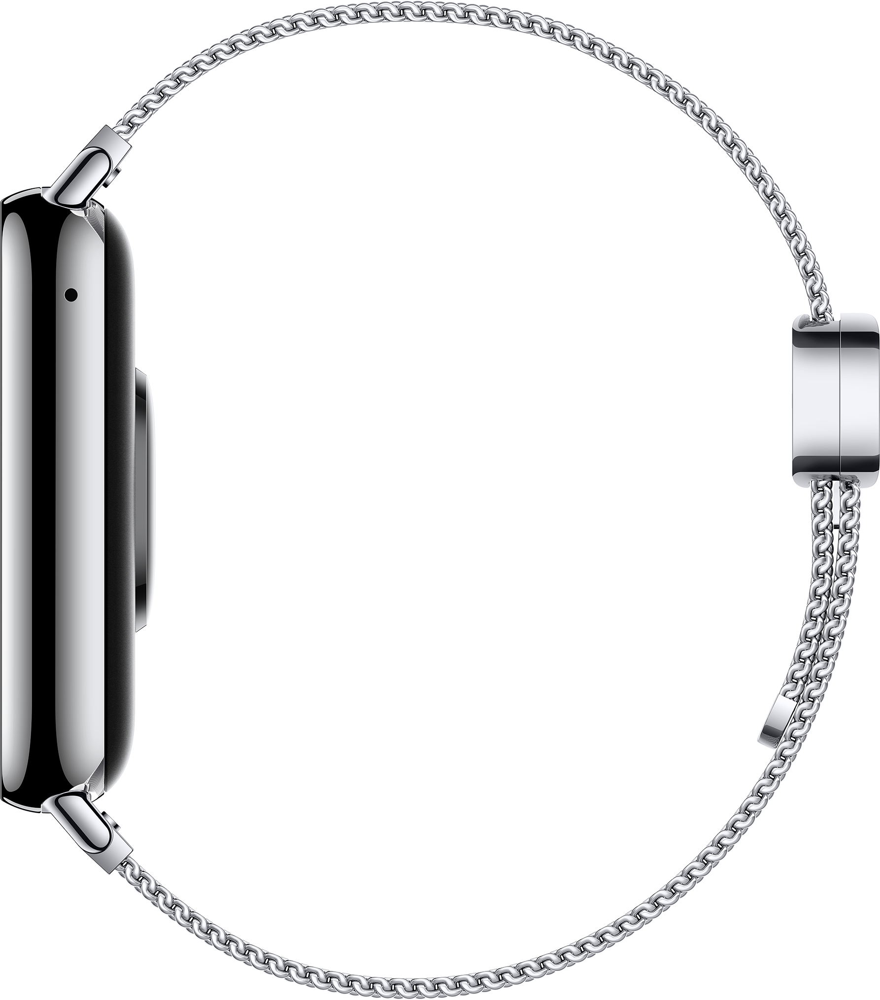 Ezüst Apple Watch oldalsó profilja, ezüst láncszemes szíjjal, fekete háttér előtt.