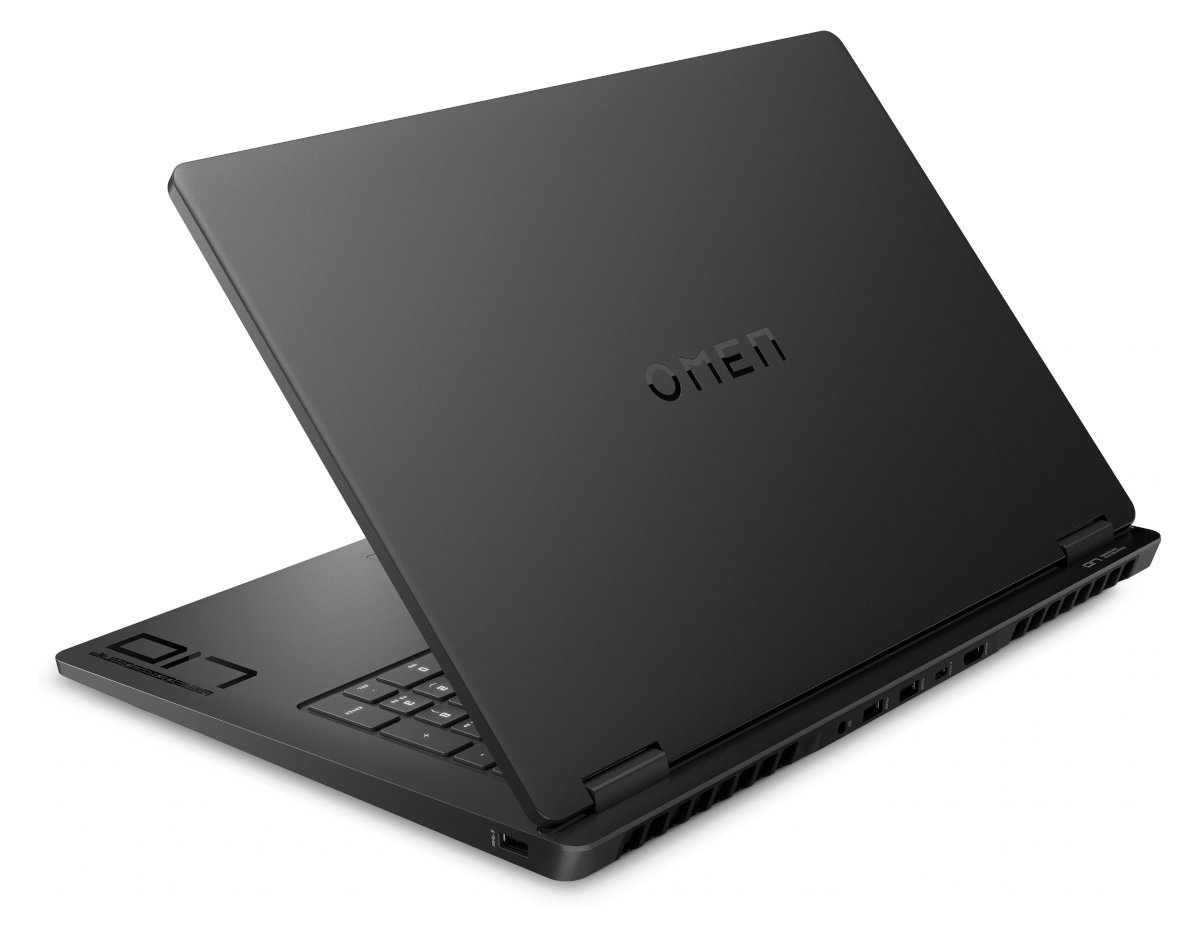 Czarny laptop otwarty, wyświetlający ekran i klawiaturę, widoczne logo OMEN.