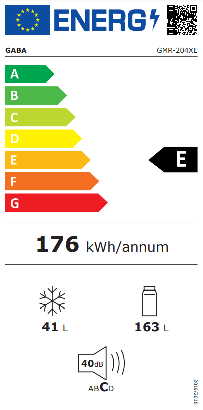 Energia címke, E besorolás. Éves energiafelhasználást (176 kWh), hűtőkapacitást és zajszintet mutat.