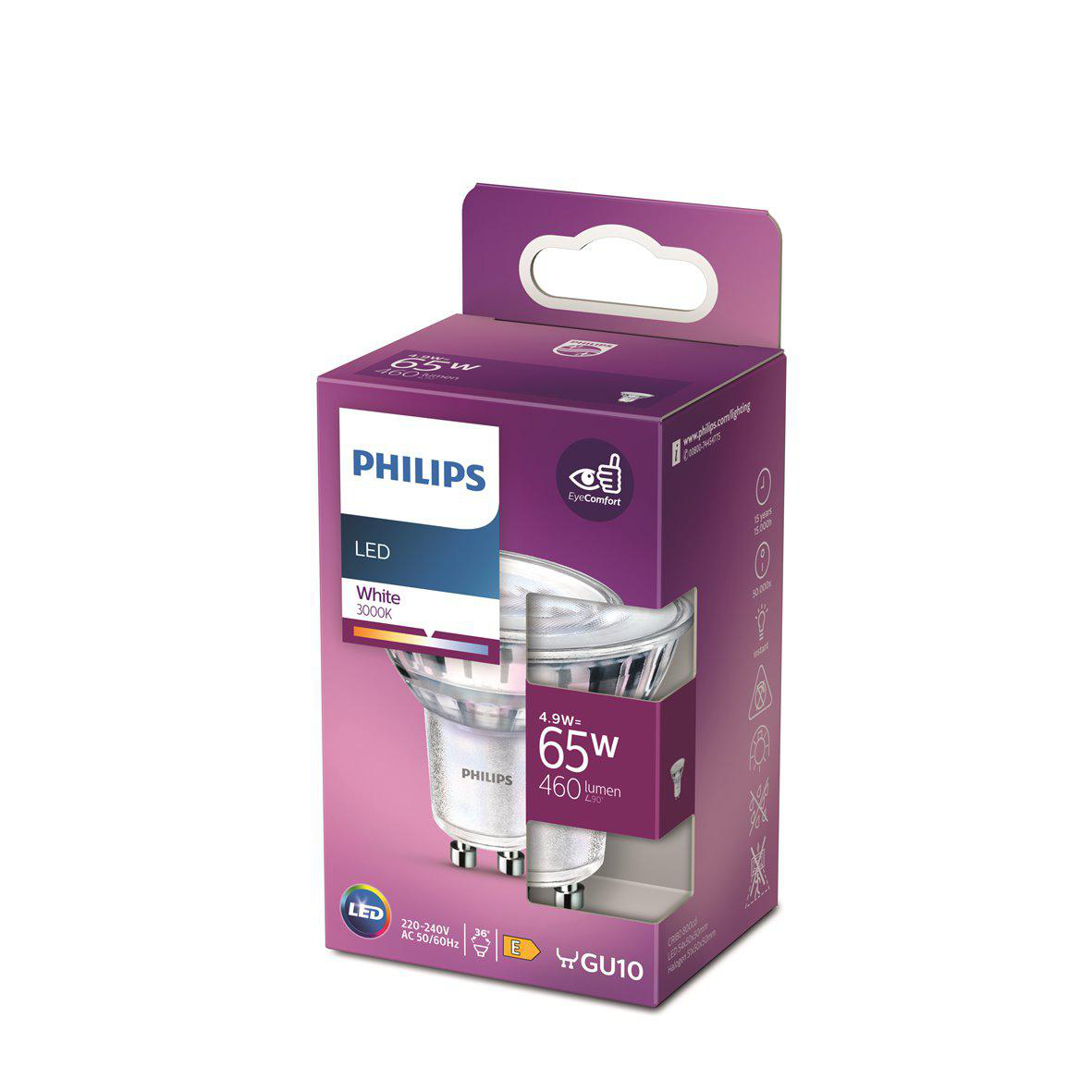 Philips LED-Glühbirne in Verpackung. Die Box ist lila und weiß.