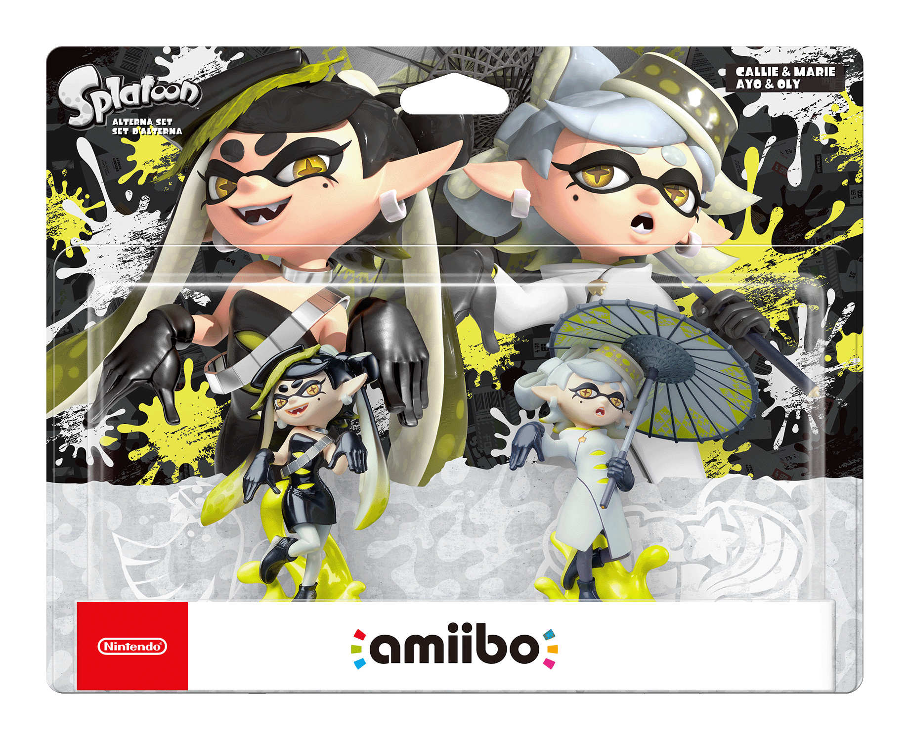 Zwei Figuren aus einem Amiibo-Set, verpackt in einer Blisterverpackung.