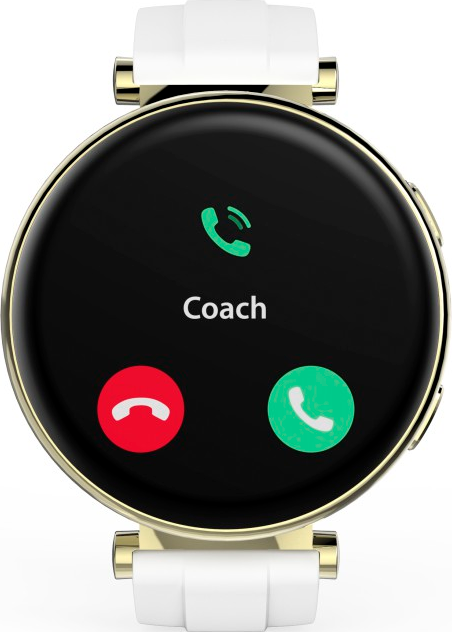 Smartwatch avec écran noir affichant un appel entrant de 'Coach' et des boutons d'appel.