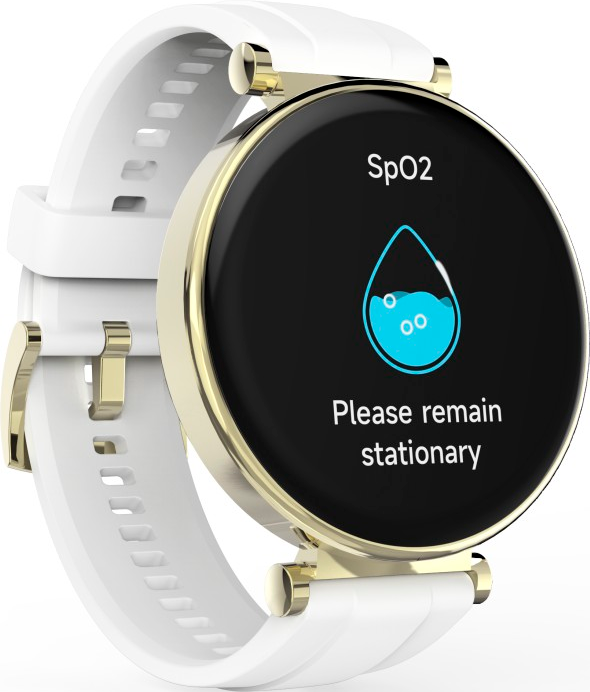 Montre intelligente blanche avec une lunette dorée affichant une lecture de SpO2 avec le texte : Restez immobile.