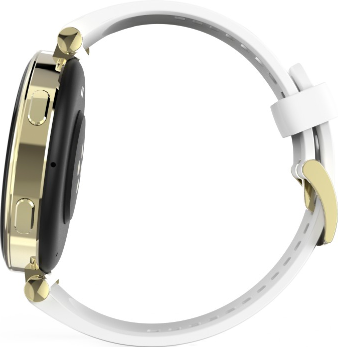 Smartwatch avec accents dorés, bracelet blanc, vue latérale, cadran noir et fond blanc.