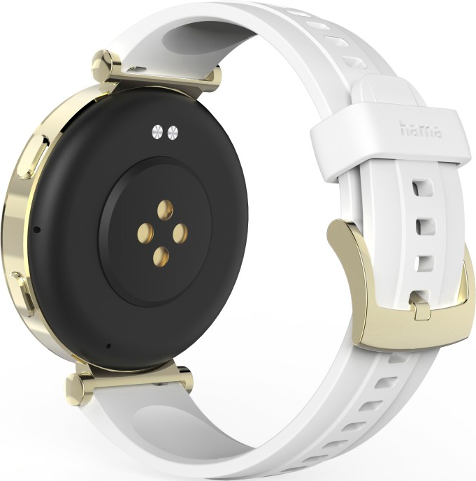 Une montre connectée avec un boîtier doré et un bracelet blanc. Le dessous montre les capteurs et les points de charge.