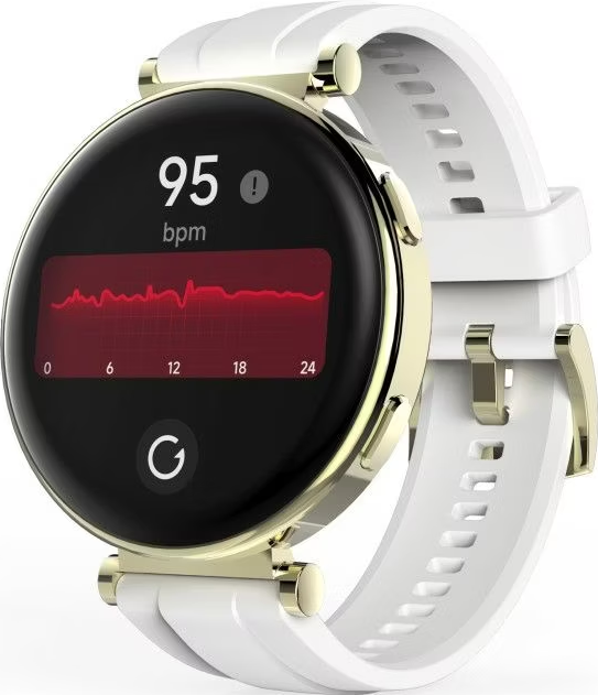 Une smartwatch avec un bracelet blanc, affichant les données de fréquence cardiaque et d'activité.