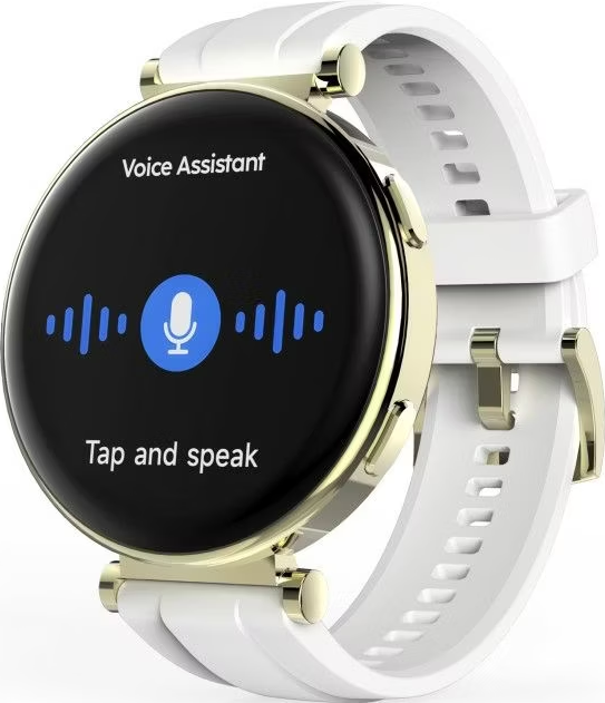 Smartwatch avec contour doré, bracelet blanc et écran noir affichant un assistant vocal.