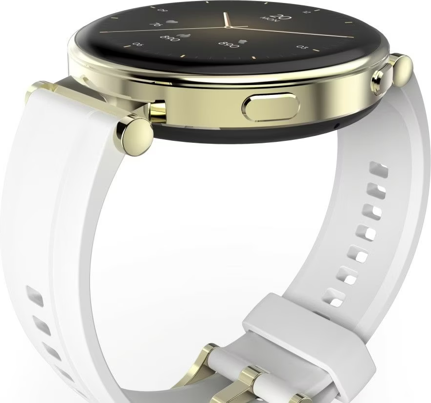 Gros plan d'une montre connectée dorée et blanche avec un bracelet blanc.