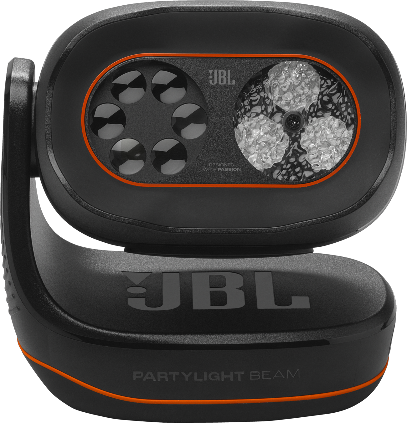 Altoparlante JBL PartyLight Beam nero con dettagli arancioni.