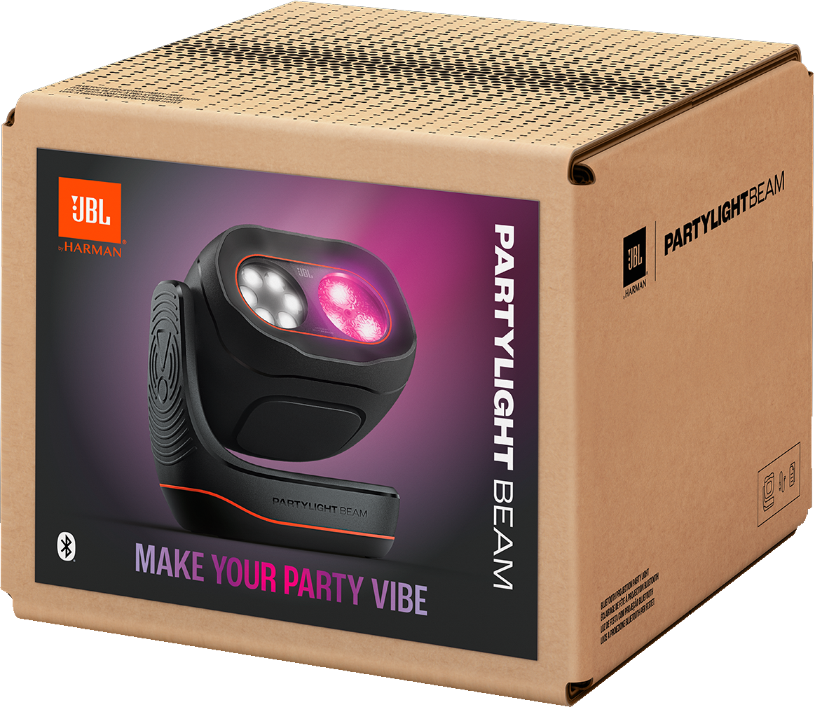 Una scatola JBL PartyLight Beam. La scatola ha una luce nera e il testo 'PartyLight Beam'.