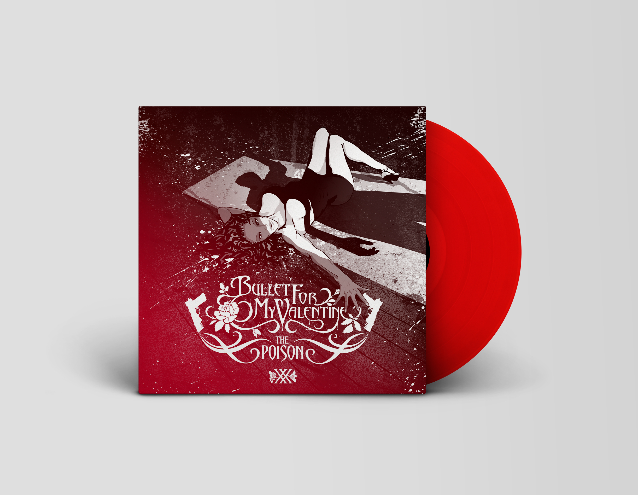 Albumcover, Frau liegt auf dem Boden. Rotes Vinyl rechts. Der Titel ist 'The Poison'.