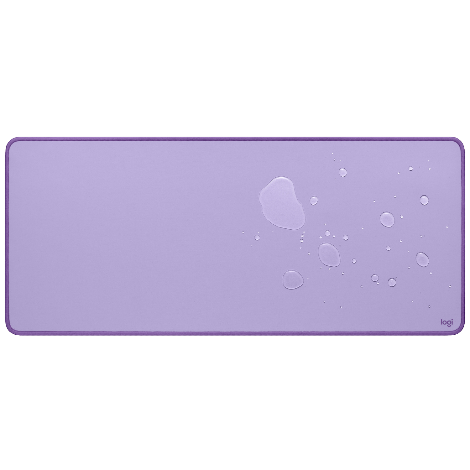 Een lavendelkleurige muismat met waterdruppels. Paarse rand omringt het pad. Het Logi-logo staat in de rechterhoek.