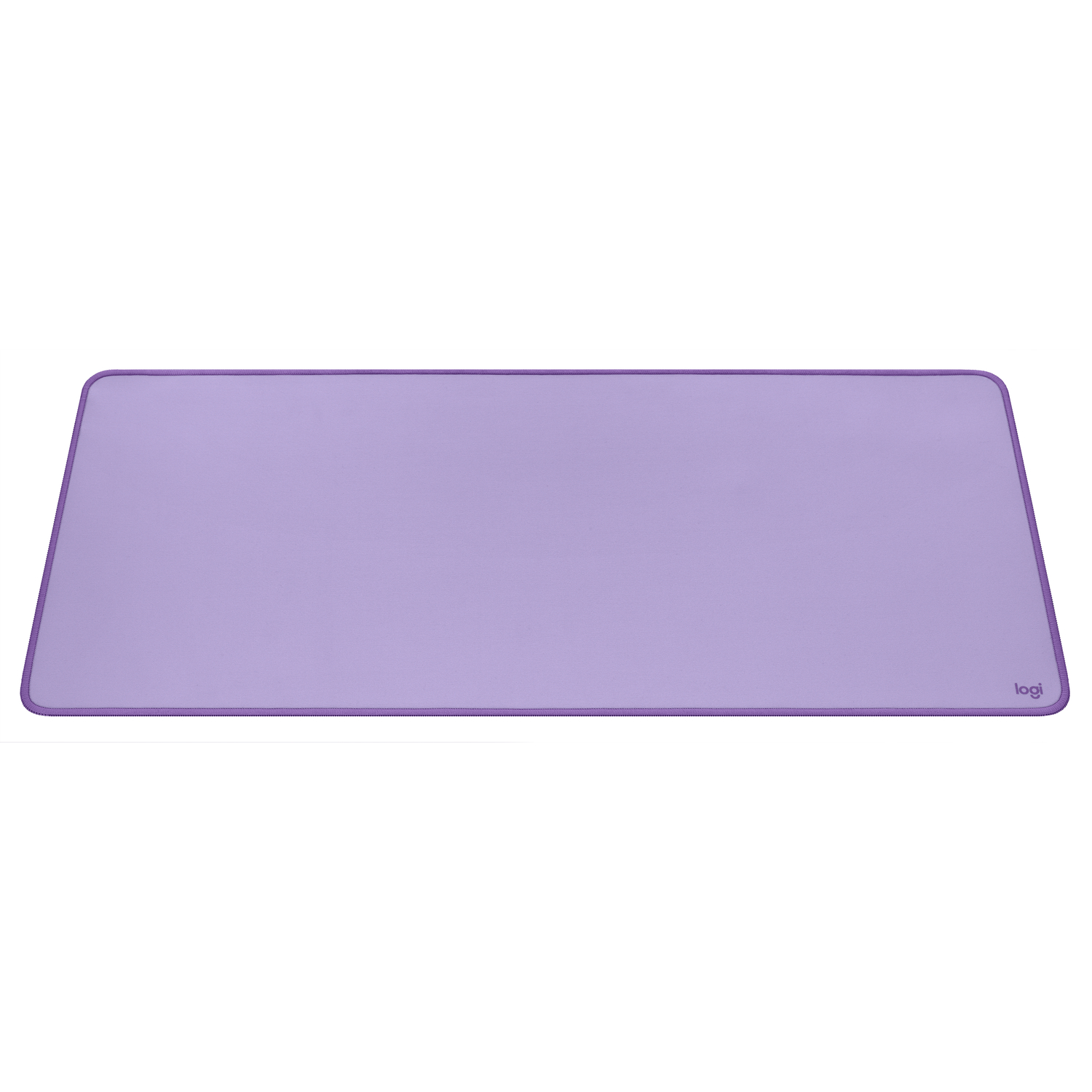 Een groot, rechthoekig, lichtpaars muismatje met donkerpaarse gestikte randen en het logi-logo.
