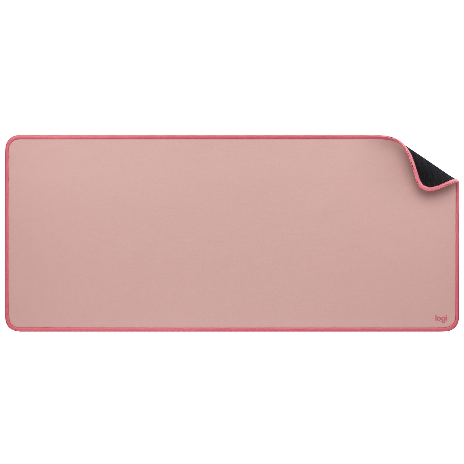 Roze muismat met roze gestikte rand, met een zwarte onderkant.